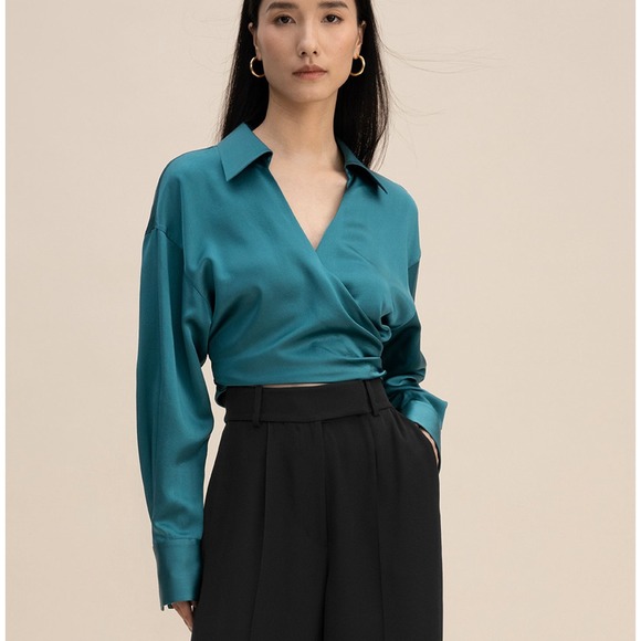 Lilysilk Tops - Lilysilk Mulberry Silk Wrapover Cropped Shirt Blouse Adriatic Blue Women Org$185